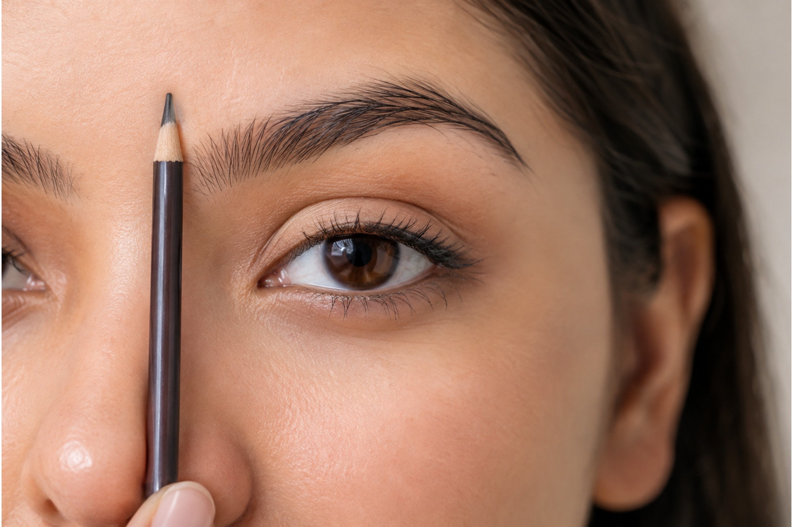 Pencil held beside nose to map eyebrow start point