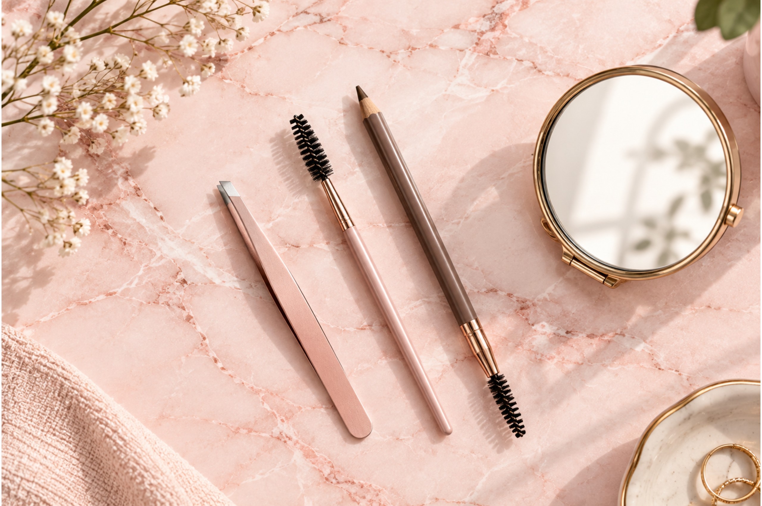 Tweezers, spoolie and brow pencil for eyebrow shaping for beginners