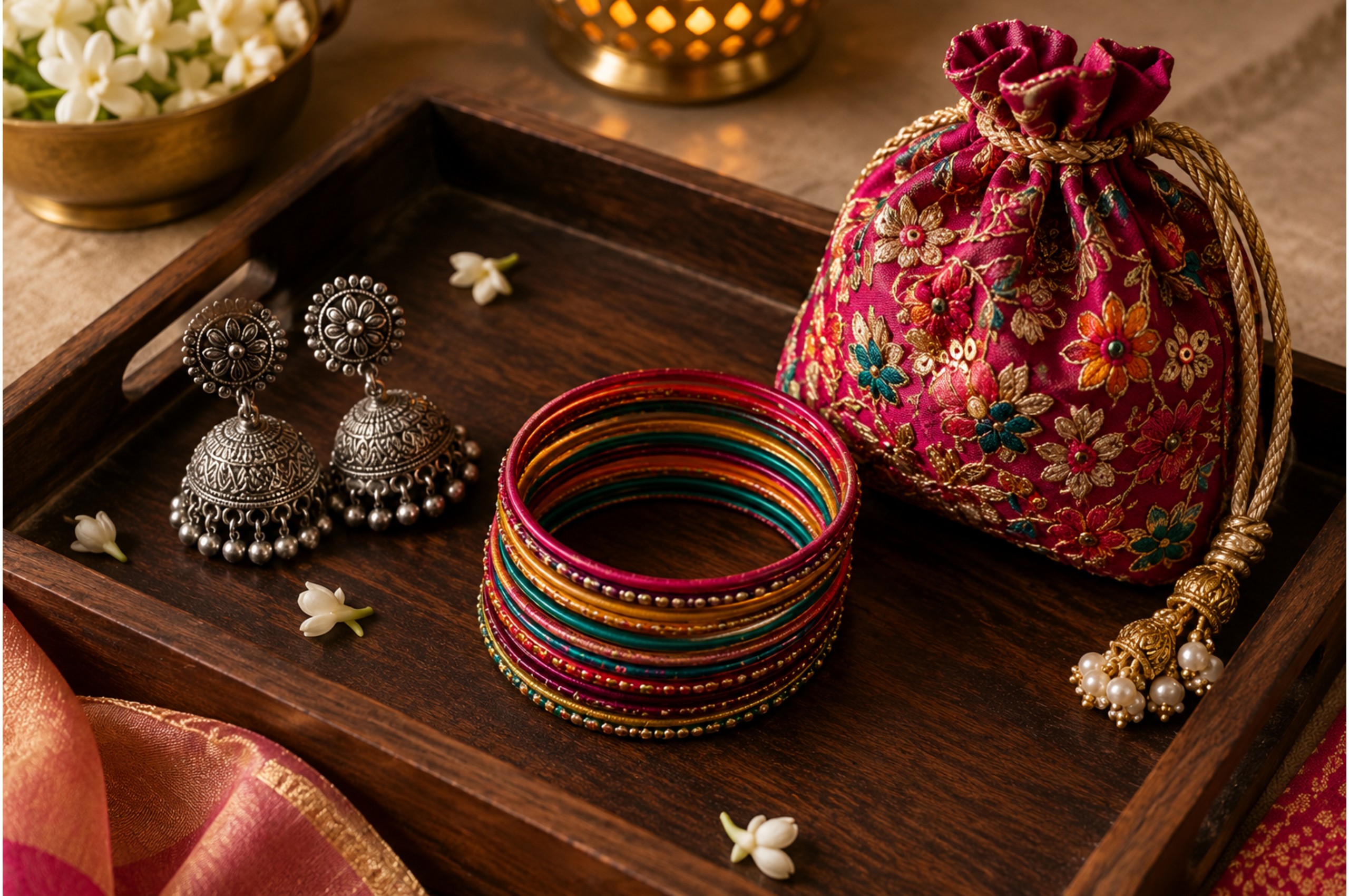 Jhumkas, bangles, and potli bags as festive accessories