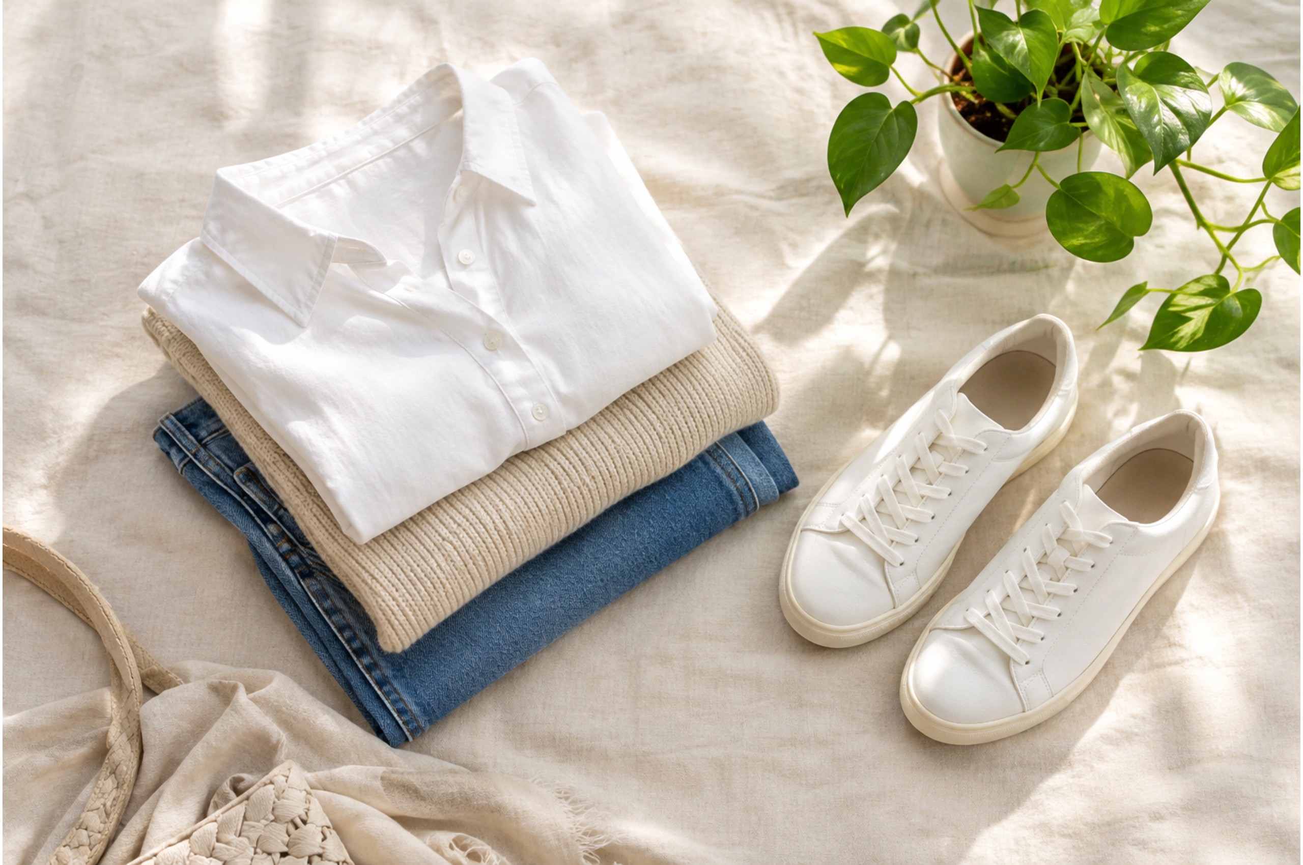 Folded neutral clothes for a capsule wardrobe for beginners
