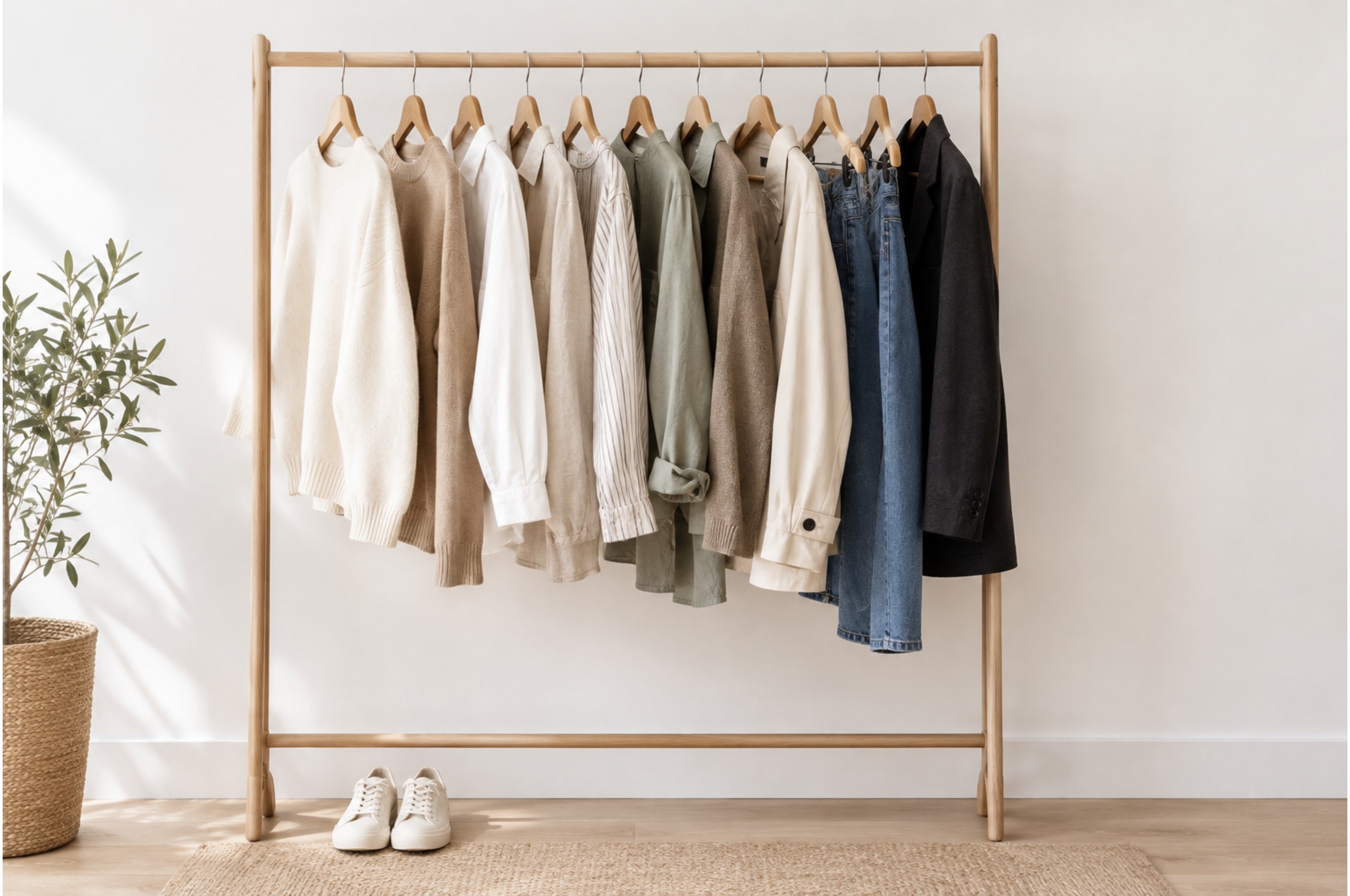 Minimal clothing rail with mix-and-match capsule wardrobe pieces