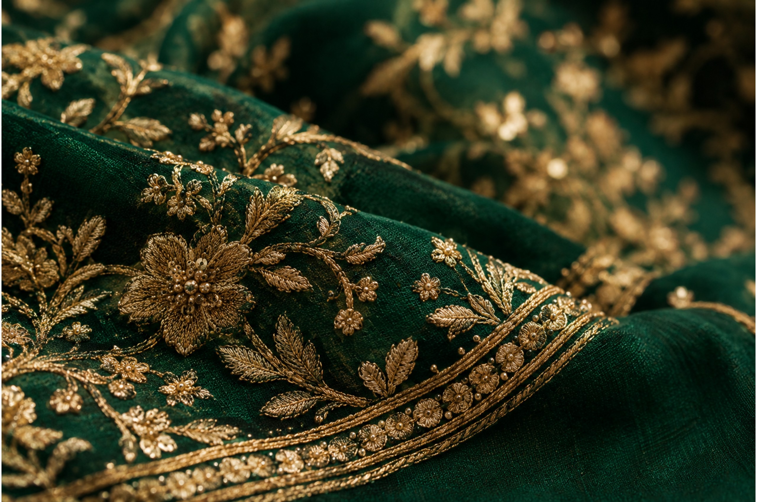 Close-up of embroidered festive fabric in emerald green