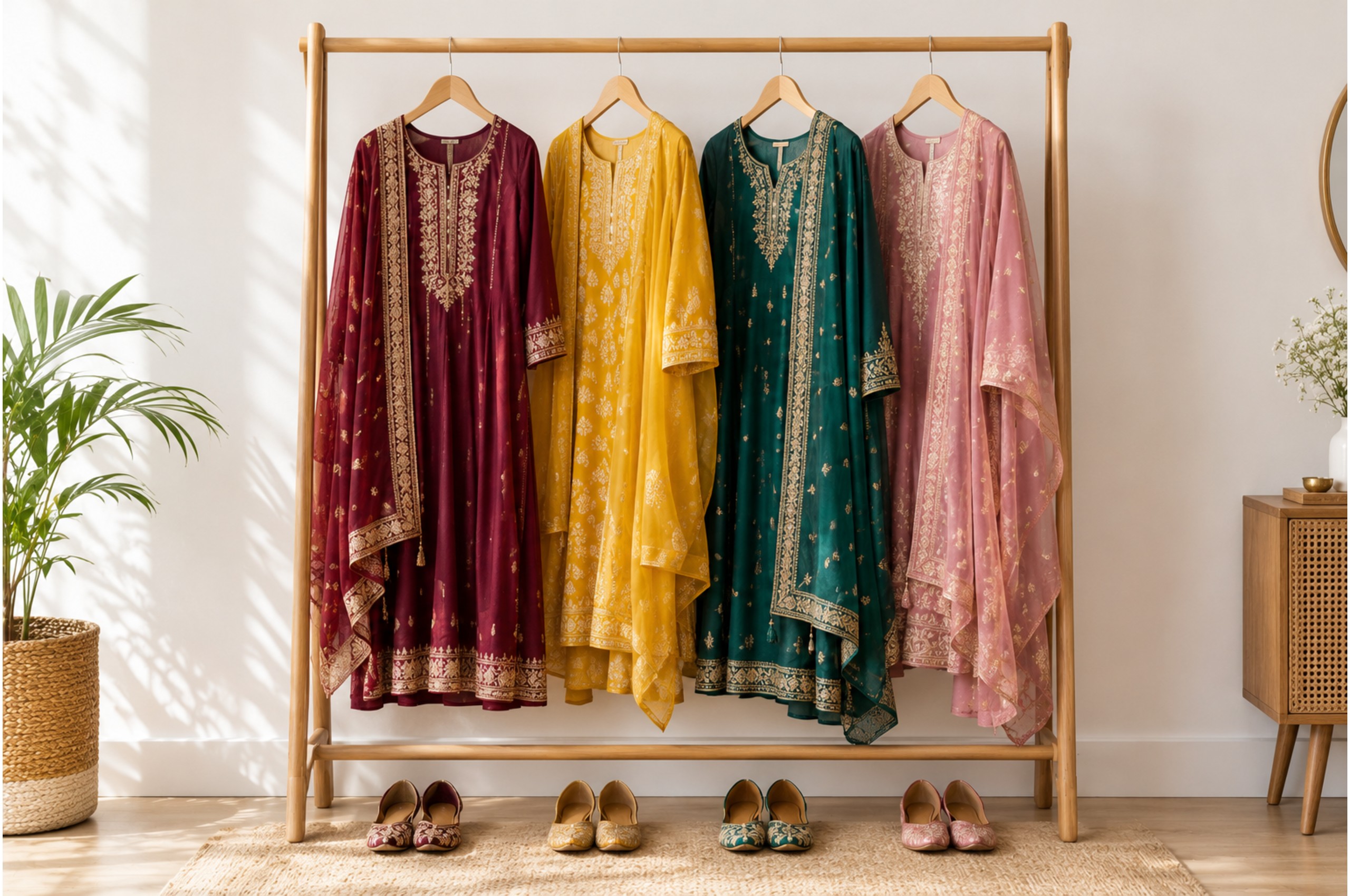 A rail of festive outfits planned for different occasions