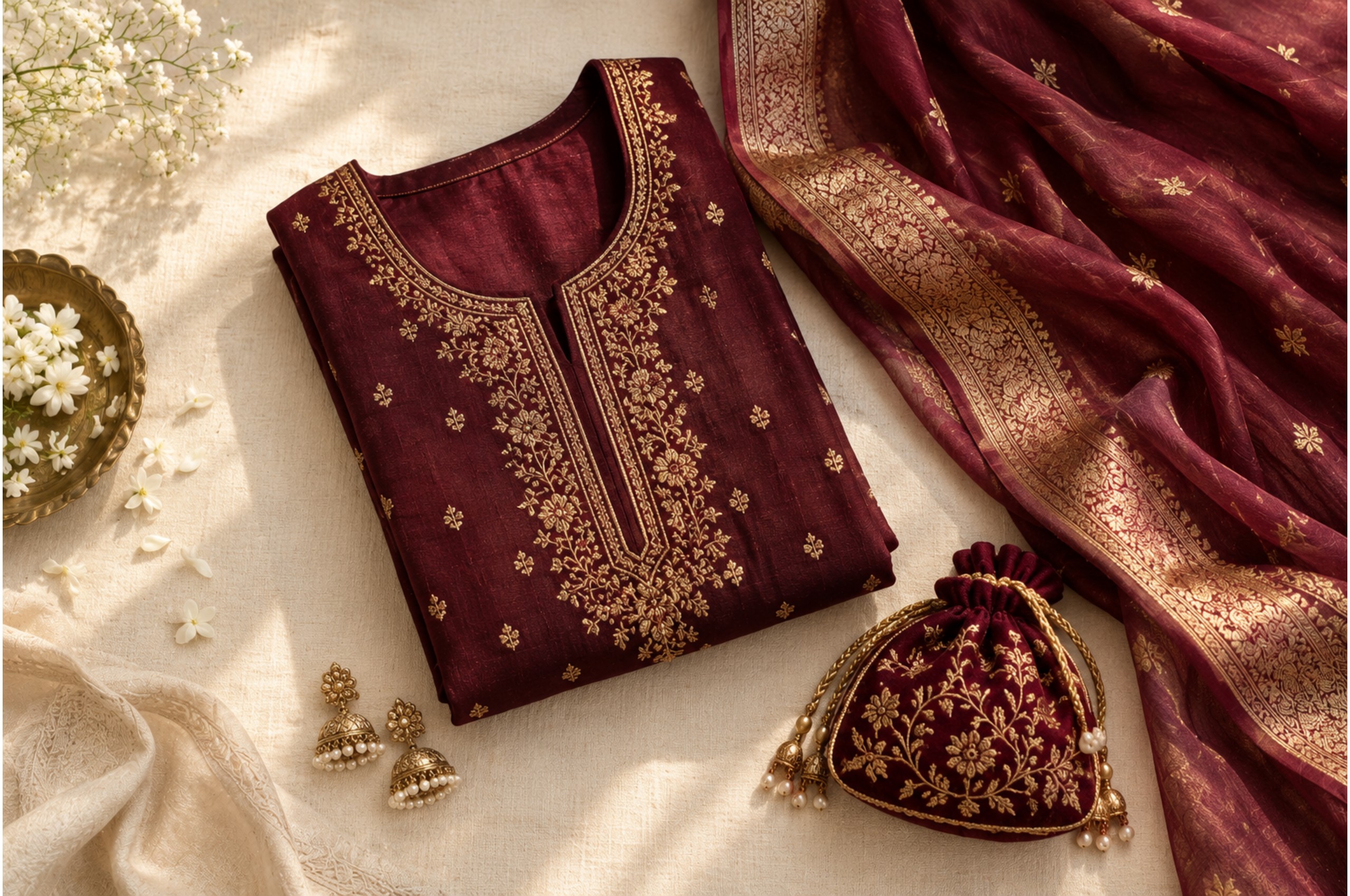 Maroon kurta, dupatta and jhumkas for festive outfit ideas on a budget