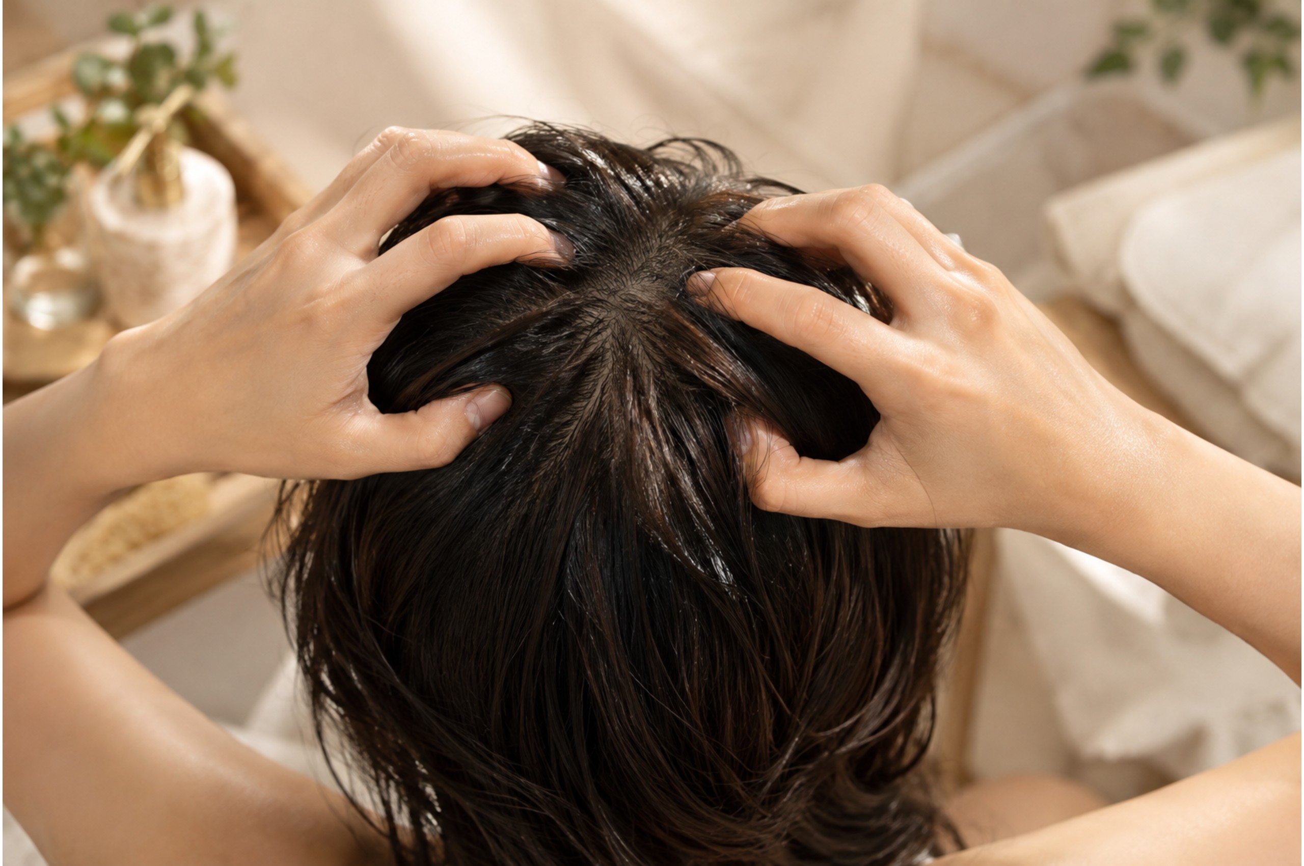 Fingertips massaging the scalp in circles during shampooing